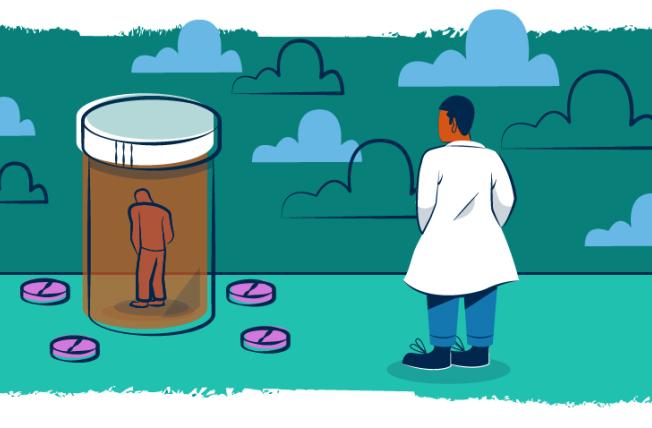 Illustration of a patient trapped in a pill bottle with a prescriber looking on