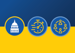 icons representing a capitol building, a moving timer, and a group of people